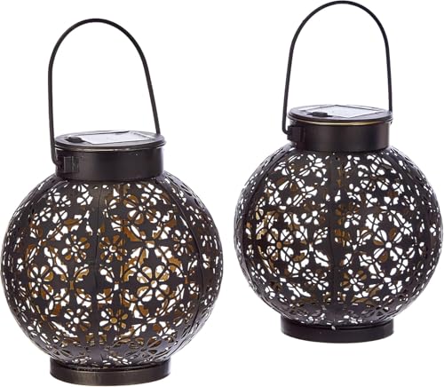 Gadgy Lanternas solares jardim exterior | Conjunto de 2 candeeiros solares de mesa e terraço, lanterna LED | lanternas de metal preto e dourado | IP65 - impermeável