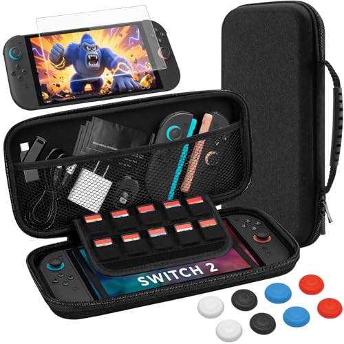 Estuche para Switch 2 con Nintendo Switch 2, estuche rígido y delgado con vidrio templado, 8 agarres para el pulgar, kit 10 en 1 para Switch 2, 10 ranuras para tarjetas de juego