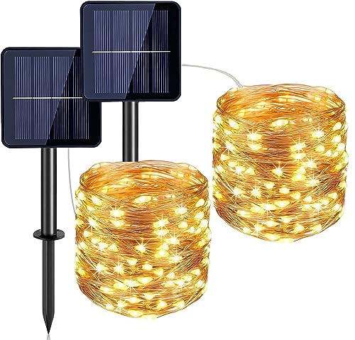 Probuk 2 pacotes grinaldas luzes solares exteriores, luzes de corda impermeáveis IP65 12 m 100 LEDs com 8 modos, branco quente luzes de fadas interior / exterior led decorativas para pátio, festa,