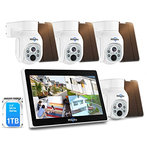 Hiseeu Solar Kit câmara vigilância WiFi exterior, 4 x 4 MP câmaras de segurança solar, 10 CH NVR sistema de videovigilância com monitor de 10 polegadas, visão noturna, deteção de movimento, 1 TB HDD