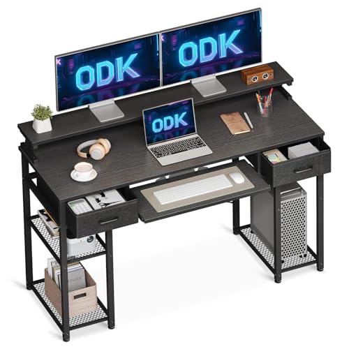ODK Mesa com 2 gavetas, mesa de secretária com bandeja para teclado e suporte de monitor, mesa de computador com prateleira removível para escritório (preto, 120 x 48 x 90 cm)
