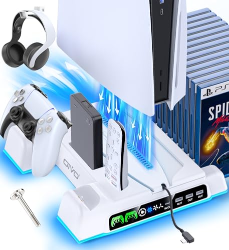 OIVO Suporte para PS5/Slim/Pro com ventilador de 3 velocidades, carregador de comando Playstation, suporte PS5 vertical com 3 portas USB e ranhuras de 14 jogos, armazenamento Playstation 5