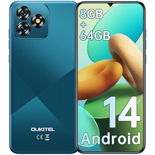 OUKITEL C53 Telefones celulares livres, 8 GB RAM + 64 GB ROM/TF 1TB Smartphone, 6,6" ecrã HD + telemóveis, Android 14, bateria 4300 mAh, câmara 13 MP+5 MP, 4G duplo SIM/OTG/GPS - azul