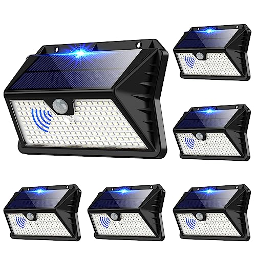 OUILA Luzes solares LED para exterior e jardim, 6 pacote: 185 LED/3 modos holofotes solares exteriores com sensor de movimento, 2200 mAH IP65 impermeável, focos solares exteriores para jardim, garagem