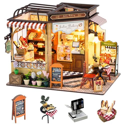 HIGSPE Casa de bonecas em miniatura, madeira modelo de casa de artesanato com móveis e LED, kit padaria pão em miniatura, casas miniaturas para montar em 3D adolescentes adultos