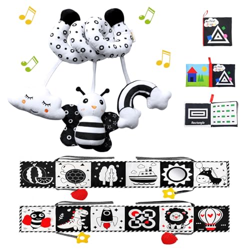 Kulveanju Espiral carro bebé brinquedos 0-12 meses - brinquedos sensoriais de alto contraste em preto e branco, Montessori livro sensorial bebé 0 a 6 meses, assento de carro brinquedos bebés 0-3 meses