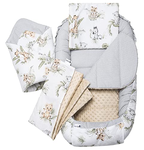 Medi Partners Conjunto de 5 peças ninho bebé recém-100 x 60 x 15 cm palmilha removível berço ninho para bebés redutor de berço 100 % algodão (safari com Minky bege)