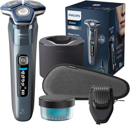 Philips Série 7000 Máquina de barbear elétrica para homem, máquina de barbear com barbeiro, 45 lâminas, para pele sensível, 60 min de uso, seco e húmido, recarregável, centro de limpeza, S7882/54,