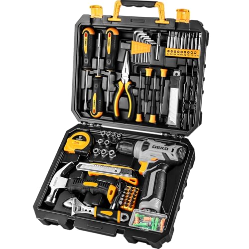 DEKO Caixa de ferramentas completa com chave de fenda elétrica/broca com bateria de 8 V, mala de 126 peças, caixa profissional de ferramentas domésticas de bricolage para escritórios e jardim,