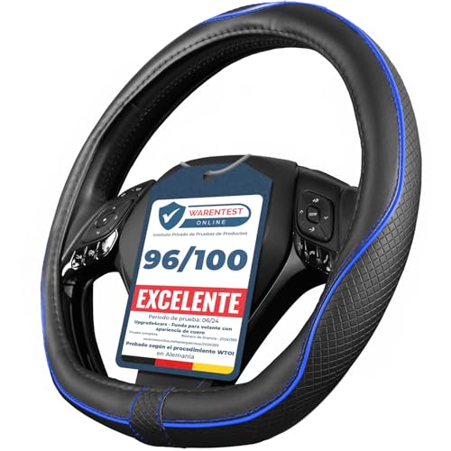 Upgrade4cars Capa volante carro forma D universal preto azul poliéster pele | cobre 37-38 cm diâmetro exterior | acessórios de carros interior decoração cobertura | ideias presentes