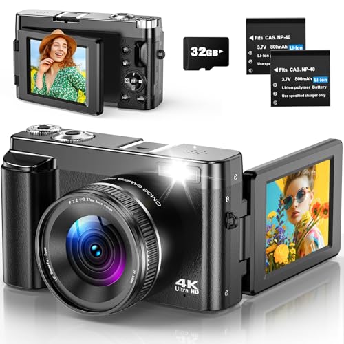 Câmara digital 4K câmara de fotos compacta 48 MP com autofocus, ecrã Flip de 180° de 3", Zoom Digital 16X, cartão de 32 GB e 2 baterias para iniciantes e adolescentes