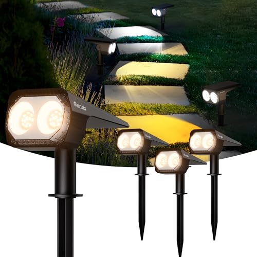 Quntis Luzes solares LED para exterior e jardim, 4 peças, 3 cores holofotes LED exteriores solares potente, impermeável IP65, luz solar exterior iluminação para chão, pátio, caminhos, terraço, relvado