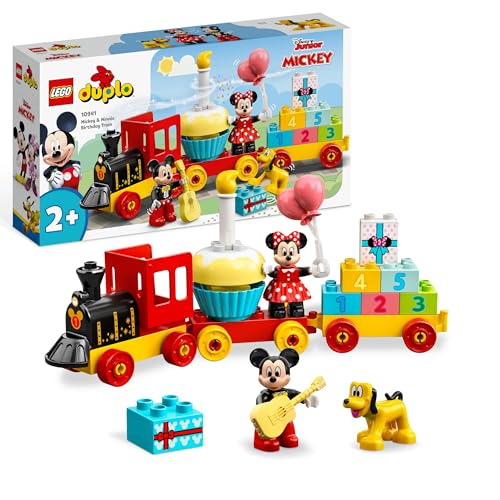 LEGO Duplo | Disney Trem de aniversário de Mickey e Minnie de brinquedo para meninos e meninas de 2 anos - jogo educativo infantil com tijolos de números e 3 figuras Inc. Pluto - ideia de presente