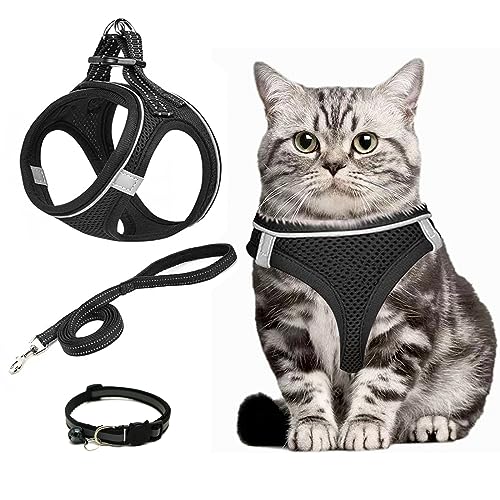 Arnês de gato anti-escape, arnês para gato ajustável com correia, ajustável com refletores de tecido de malha macio e respirável para caminhar, treino(S)