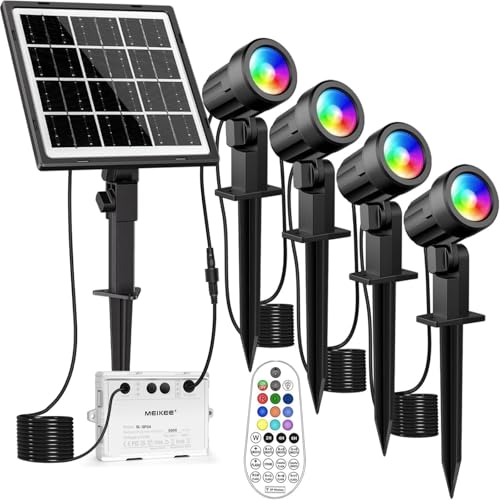 MEIKEE Luzes solares LED exterior jardim 4 em 1 holofotes LED RGB exterior jardim IP66 impermeável controlo remoto temporizador 10 cores 30 modos mudança de cor 2 níveis de brilho para árvores relva