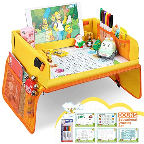 Jojoin Mesa de carro para crianças, placa de carro impermeável, mesa para crianças no assento de carro, bandeja de carro, carro, avião - 5 papel de desenho, 6 penas de cor ect. (A)
