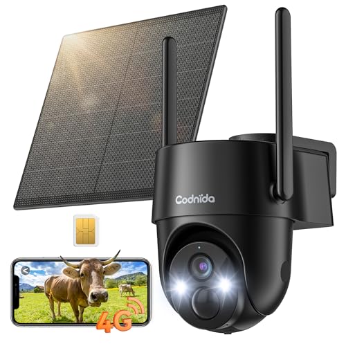 Codnida 4G LTE Câmara de vigilância com cartão Sim, 2K câmara exterior com placa solar, PTZ câmara sem cabo, deteção de movimento PIR, áudio bidirecional, visão noturna em cores