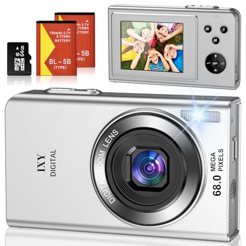 Câmara de fotos 68MP 4K câmara digital compacta com zoom 16X 2,4" LCD compacta portátil câmara com cartão 64 GB para crianças iniciantes adulto (prata)