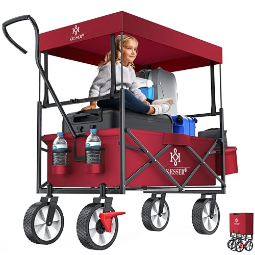 KESSER® Carrinho dobrável com teto Incl. Capa | Carrinho de jardim com 2 bolsos de rede e um exterior com travão na roda dianteira, rodas de borracha, até 100 kg de capacidade