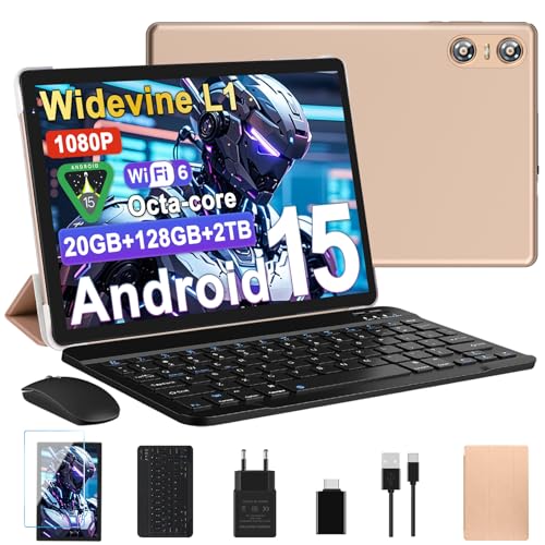 BIEGEDY Tablet de 10 polegadas Android 15, 20 GB RAM + 128 GB ROM (TF 2TB), Octa-Core, Widevine L1, GMS, 5G+2,4 G WiFi 6, 5 + 8 MP, 6000 mAh, Bluetooth 5.0, Tablet com teclado Lado e rato - Ouro