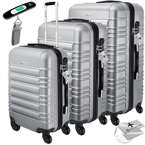 KESSER® Conjunto de 3 malas rígidas, mala rígida, mala de viagem, Incl. Balança de bagagem etiqueta de bagagem, mala rolante, fecho, 4 rodas ABS, caixa rígida, alça telescópica M-L-XL, Prata, Estojo