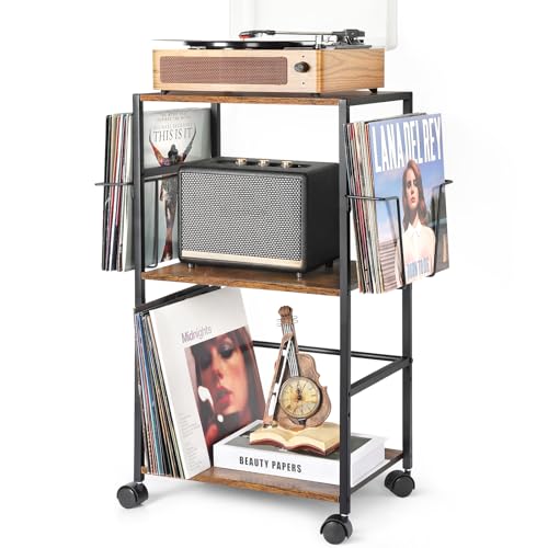 Bikoney Gira-discos de armazenamento, laminação mesa auxiliar com grande suporte para tocadiscos, reprodutor de vinil de até 150 álbuns, suporte para prato giratório com 2 visualização de vinil