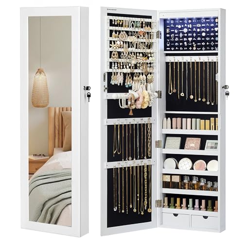SONGMICS LED Armário guarda-joias com espelho e fechadura para prender à parede ou pendurar na porta