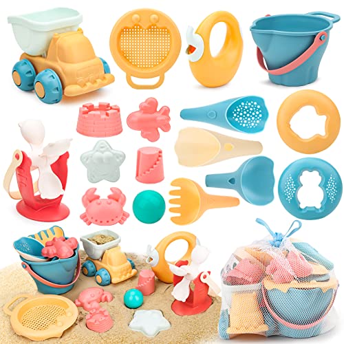 Sanlebi - Kit de jogo de praia para crianças, 17 peças, brinquedo de areia com saco de rede, cubo de praia, roda de água, pá ancinhos moldes de areia brinquedos de praia para crianças