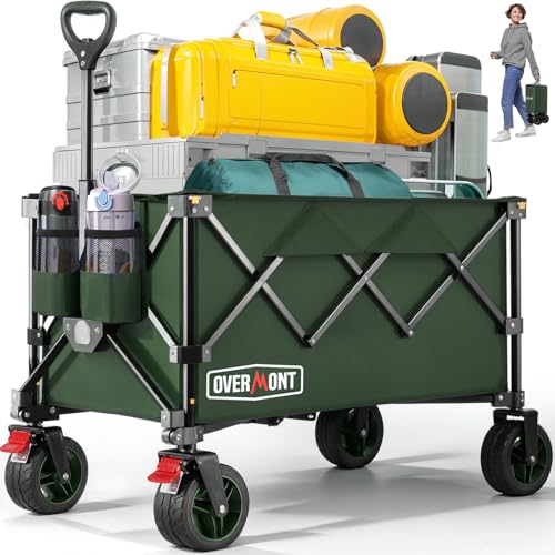 Overmont Carrinho dobrável para festivais, capacidade de 150 kg, para campismo, praia, jardim, piquenique, compras, carrinho resistente com pega ajustável, rodas e travão todo o terreno