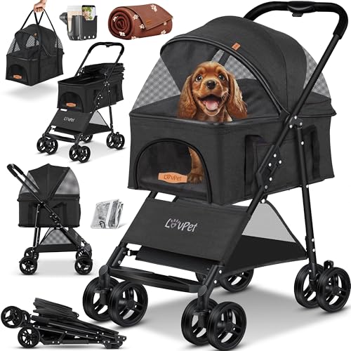 Lovpet LOVPET Carrinho para cães 2 em 1, bolsa de transporte, dobrável, até 20 kg, com janela de rede e cobertura de chuva, para cães pequenos, gatos, antracite