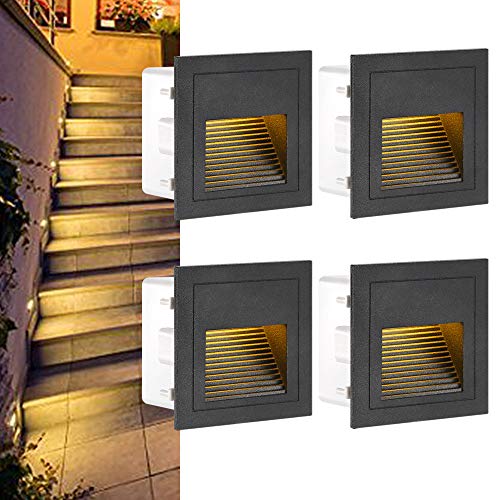 GEYUEYA Home 4 unidades de iluminação LED para escadas de alumínio, 230 V, 3 W, IP65 candeeiro de parede de vidro com embutimento, iluminação quadrada LED para escadas, iluminação escalonada