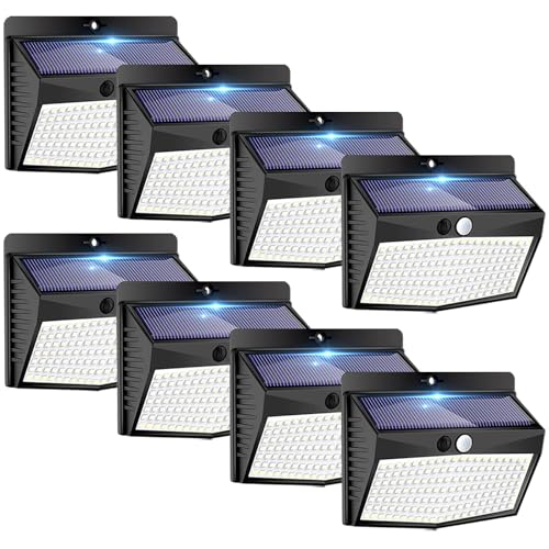 Peasur Luz solar exterior: 8 pacotes, 138 LED/3 modos: luzes solares exteriores com sensor de movimento, IP65 holofotes impermeáveis, lanternas potentes para pátio, garagem