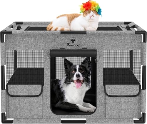 Pawaboo Corrida para cães gaiola extra grande, canil de malha respirável trela para cães, tenda de campismo para uso interno ao ar livre com saco, médio, preto e cinzento