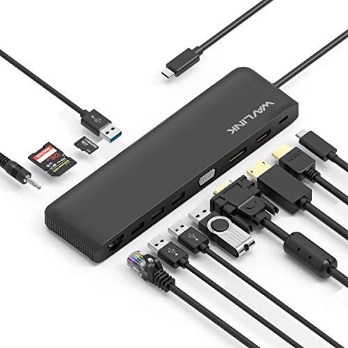 WAVLINK Triple Display Docking Station com HDMI, DisplayPort, VGA, carregamento PD de 100 W, Ethernet, leitor de cartões MicroSD e SD, 2 USB 3.0, 2 USB 2.0, conector de áudio, para Windows/Mac