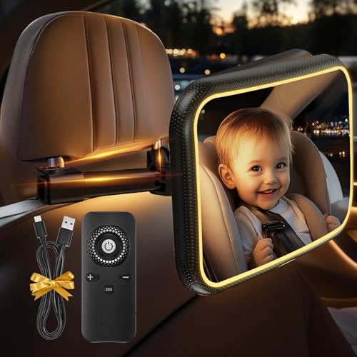 Espelho retrovisor de bebé com LED, espelho carro bebé assento traseiro 100 % à prova de quebras luz LED espelho retrovisor carro bebé 360 ° giratório com clipe de gancho e comandos à distância