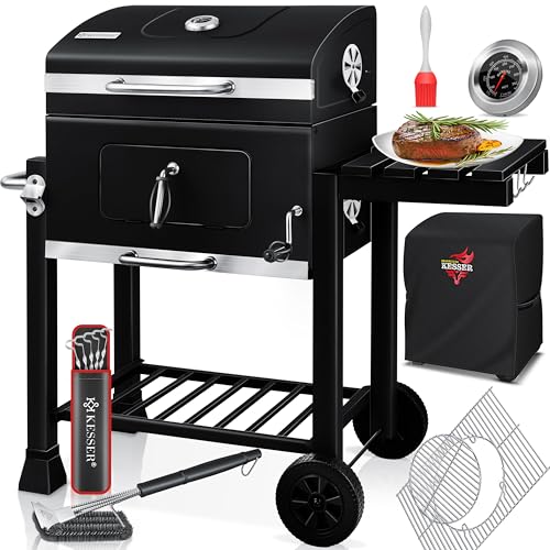 KESSER® Grelha de carvão com carrinho de grelha com tampa, rodas, cabo de aço inoxidável, churrasco, escova, cobertura e termómetro carvão Wagen grande BBQ churrasco Camping, jardim XL preto