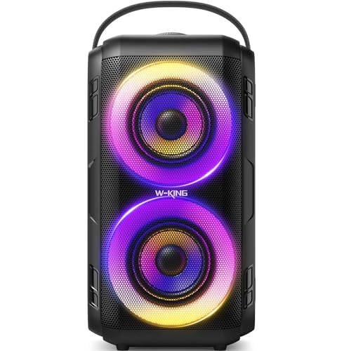 W-KING Altifalante Bluetooth 80 W com 2 controladores de alcance completo, super graves, portátil para festas com luzes LED, som de 105 dB, IPX5, 24 horas, disco U, cartão TF, AUX, EQ