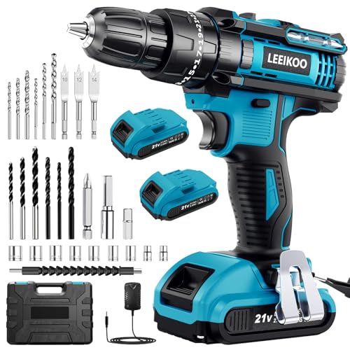 LEEIKOO Broca de broca de bateria 21 V, broca parafuso de ateria, parafuso elétrico de 42 N.m com 2 baterias 2,0 Ah, 25 + 3 ajuste de par, 30 acessórios, 2 velocidades, para casa, bricolage
