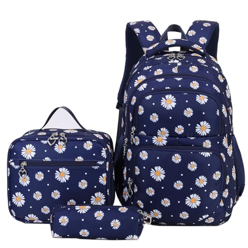 SIVENKE Mochila escolar adolescente malas escolares mochilas infantis meninas meninos 8 10 12 14 16 anos 3 peças conjunto de mochila lancheira estojo para escola primária estudantes, Azul Marinho