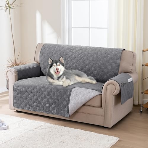 BellaHills Capa sofá 2 lugares, 100% capa sofá impermeável, capas sofá anti-pêlos animais de estimação, com correias elásticas, cinzento