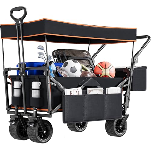 YITAHOME Carrinho dobrável com toldo, carrinho de praia com pega e 2 porta-copos, grande capacidade 220 lbs, carrinho de campismo com rodas reforçadas para jardim/praia/piquenique (preto)
