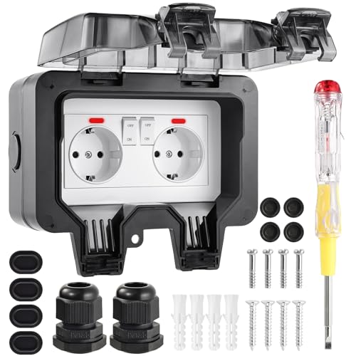Tomada exterior impermeável IP66, tomada dupla exterior, tomada exterior impermeável com interruptor conector de cabo e tampa batível, tomadas estanques para cozinha casa de banho garagem piscina e