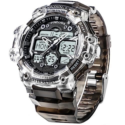 Relógios homem relógios desporto digital homem, luz LED de 7 cores, grande ecrã digital analógico impermeável relógios com 3 alarmes, contagem regressiva, relógio parado, hora dupla relógios militares