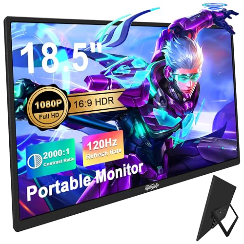 Tpsmtdis Monitor portátil de 18,5 polegadas, monitor de computador de 120 Hz, monitor de jogo de viagem, 300 nits, HDR FHD Plug&Play, altifalantes duplos, ecrã externo para PC, tablet, Mac (18,5