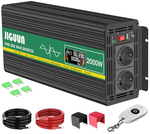 JIGUUN 2000 W Inversor 24 V 220 V conversor de onda pura com 2 entradas UE e um USB, controlo remoto sem fios e indicador LCD, potência máxima de 4000 W para RV, viagens, emergências