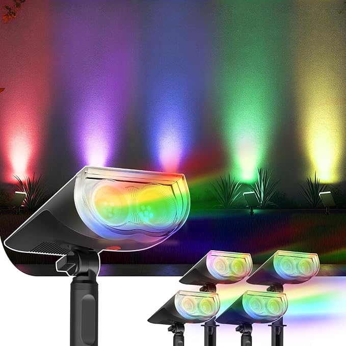 Linkind RGB Candeeiro solar para exteriores, luz solar colorida com 10 modos de luz, IP67 impermeável lâmpada exterior 2 em 1 de montagem solar para Halloween Natal, 4 peças