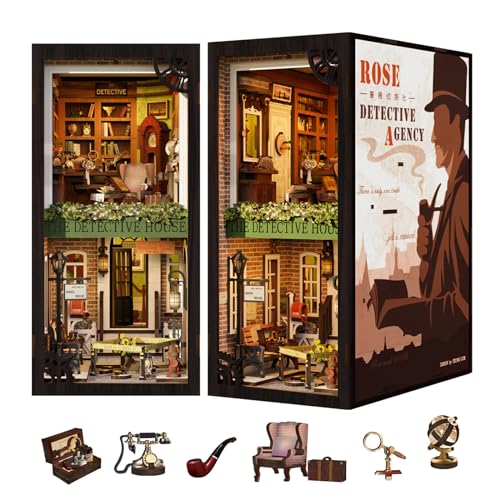 Cutefun Book Nook Kit - Casa de bonecas - Kits em miniatura de madeira DIY com móveis e luzes LED e placas anti-pó de tomada, Rose Detective Agency (SZ02B)
