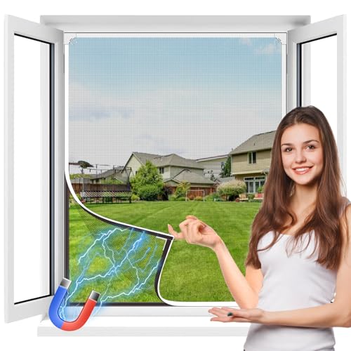 MLEJU Rede mosquiteira magnética de janela, 130 x 150 cm, fibra de vidro, bricolage cortável, fácil instalação sem perfuração, fácil de limpar, mosquiteira magnética para janelas de correr, moldura