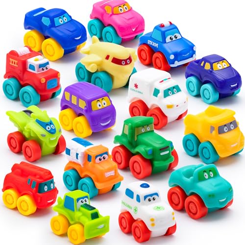 JOYIN 16 peças carros de desenhos animados, conjunto de carros de borracha macia, mini veículos de brinquedo para bebés, carros de brinquedo para casa de banho para meninos e meninas, presente de