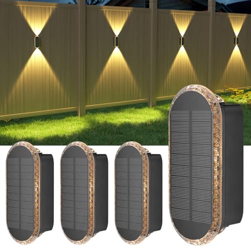 ELLASAY Aplique solar parede exterior, lâmpadas solares exteriores acima e abaixo IP65 impermeável, 3 cores brilhantes luzes solares exterior jardim sem fios para pátio cobertura cerca 4 pacotes
